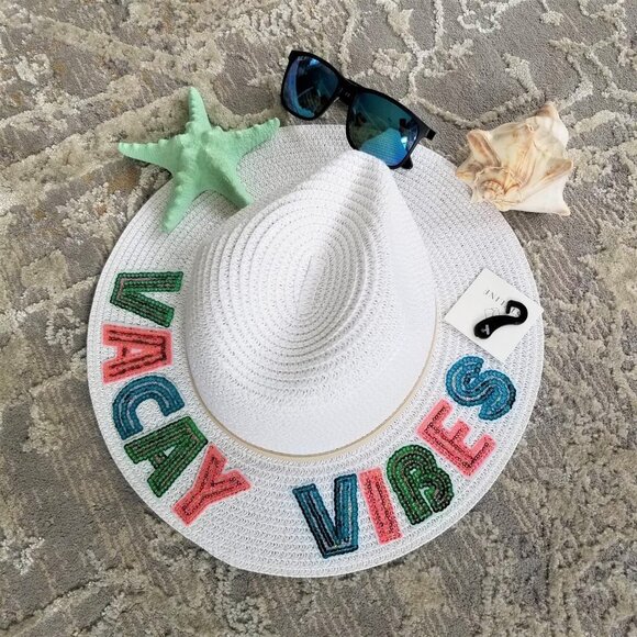 White Straw Hat with Colorful 'Vacay Vibes' Embroidery - Picture 6 of 8